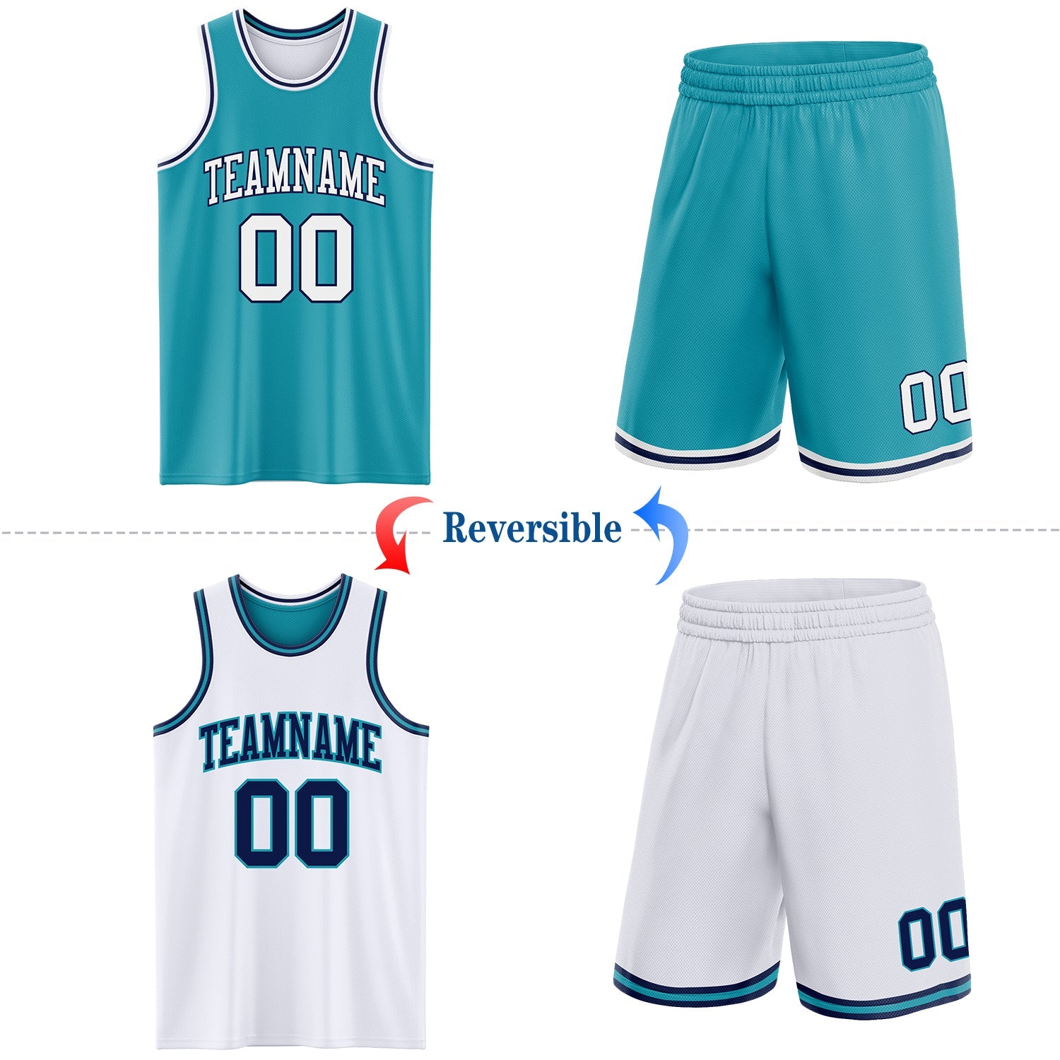 Custom Reversible Teal White-Navy Double Side Sublimation Basketball Set Jersey