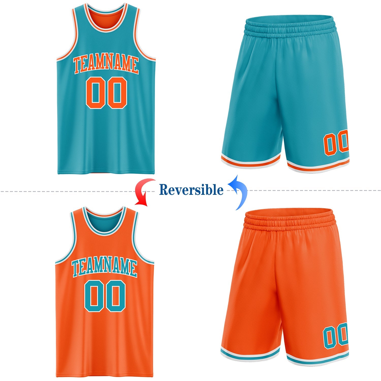 Custom Reversible Teal Orange-White Double Side Sublimation Basketball Set Jersey