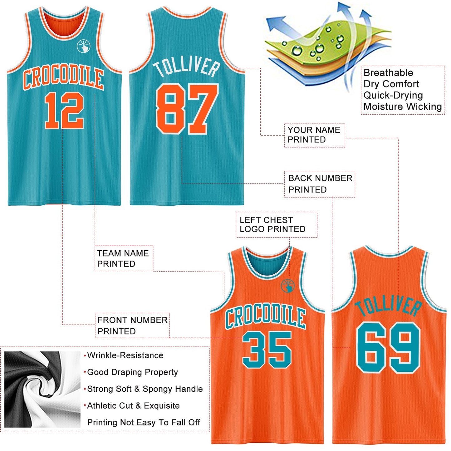 Custom Reversible Teal Orange-White Double Side Sublimation Basketball Set Jersey