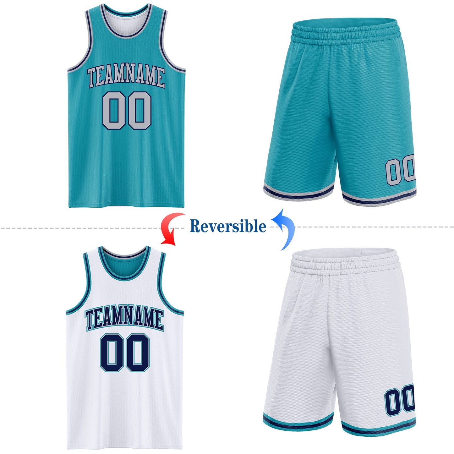 Custom Reversible Teal Gray-Navy Double Side Sublimation Basketball Set Jersey