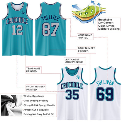 Custom Reversible Teal Gray-Navy Double Side Sublimation Basketball Set Jersey