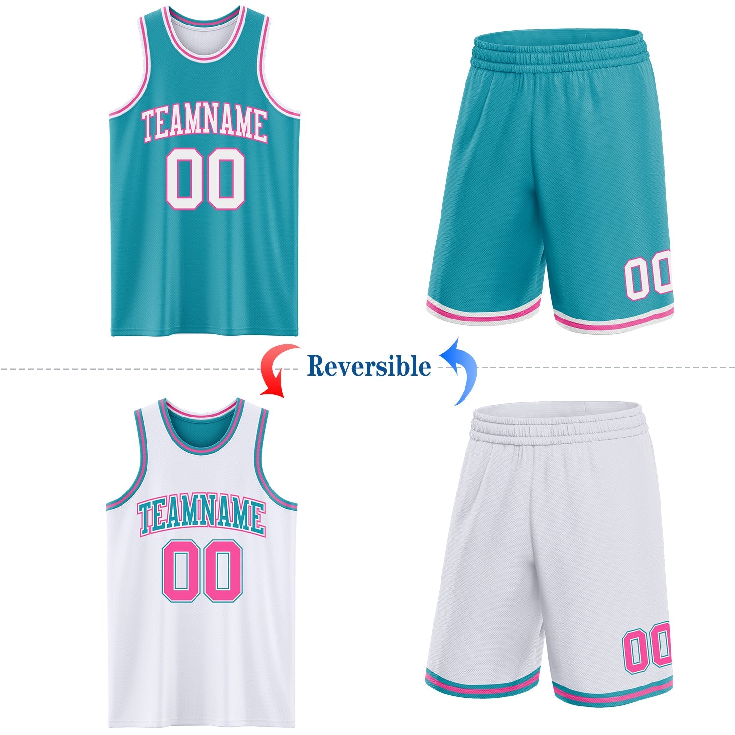 Custom Reversible Teal White-Pink Double Side Sublimation Basketball Set Jersey