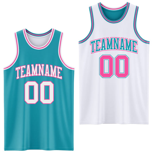 Custom Reversible Teal White-Pink Double Side Sublimation Basketball Set Jersey