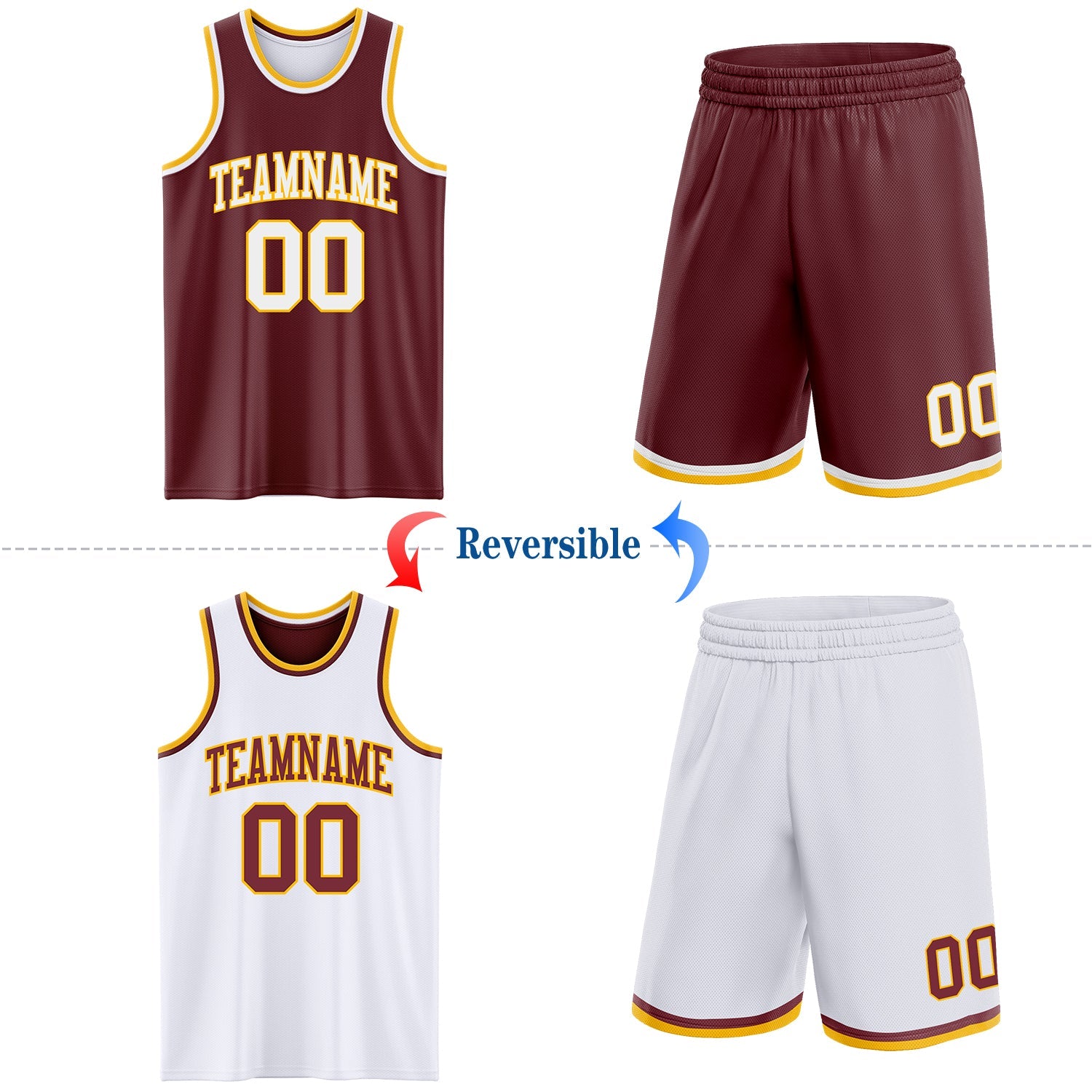 Custom Reversible Burgundy White-Gold Double Side Sublimation Basketball Set Jersey