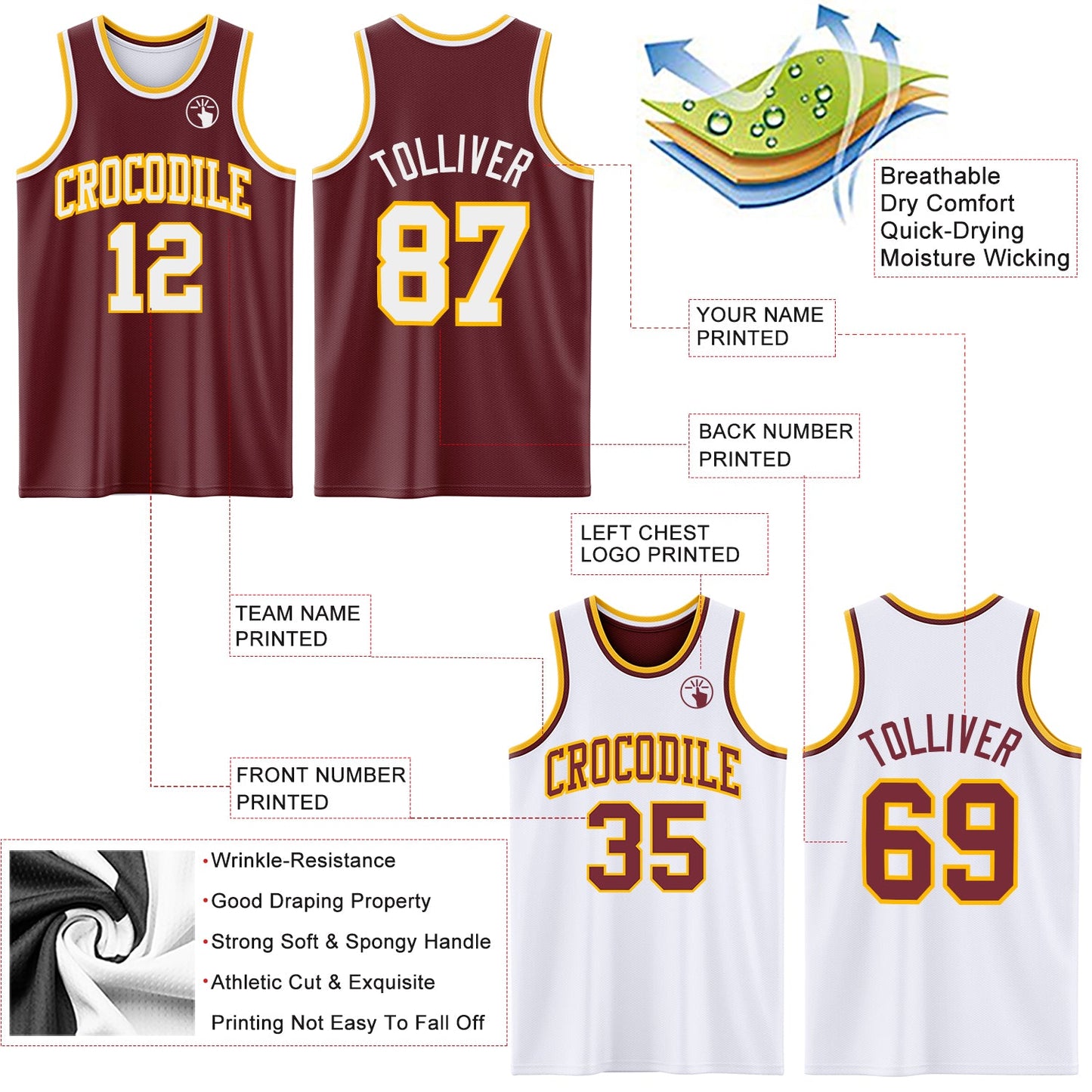 Custom Reversible Burgundy White-Gold Double Side Sublimation Basketball Set Jersey