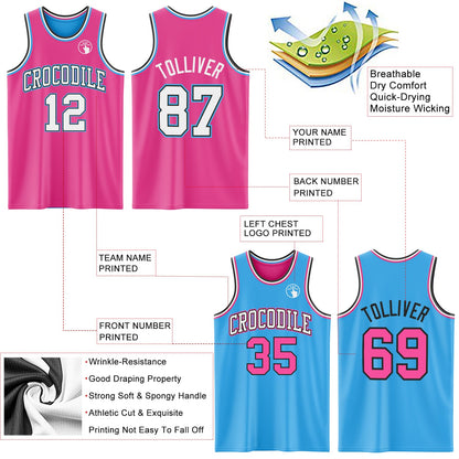 Custom Reversible Pink Black-Sky Blue Double Side Sublimation Basketball Set Jersey