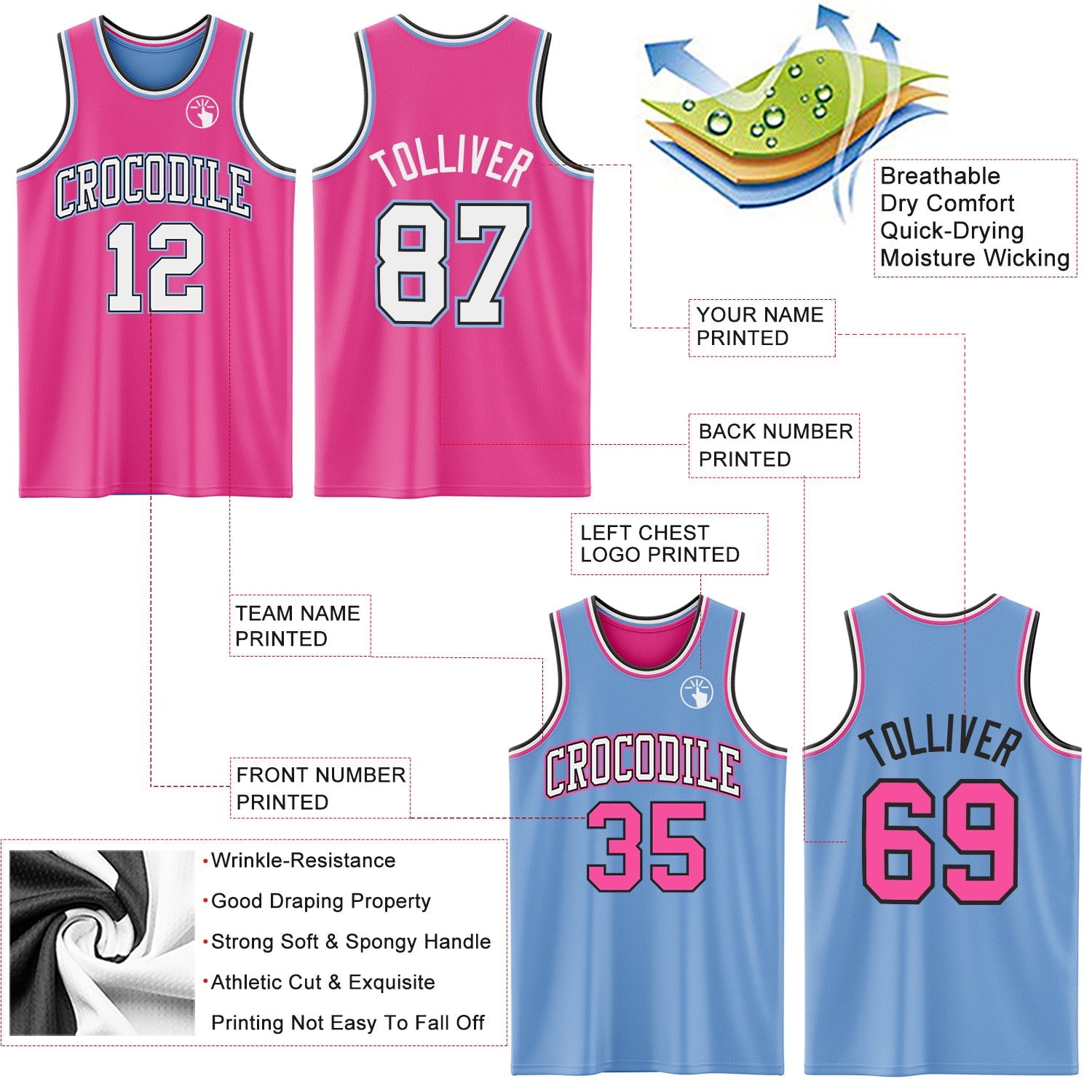 Custom Reversible Pink Black-Light Blue Double Side Sublimation Basketball Set Jersey