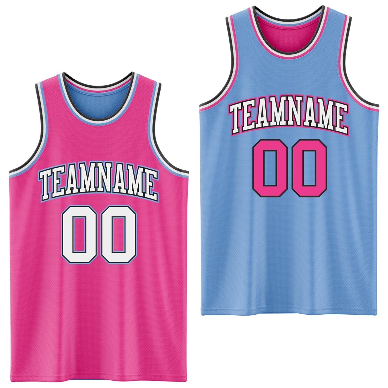 Custom Reversible Pink Black-Light Blue Double Side Sublimation Basketball Set Jersey