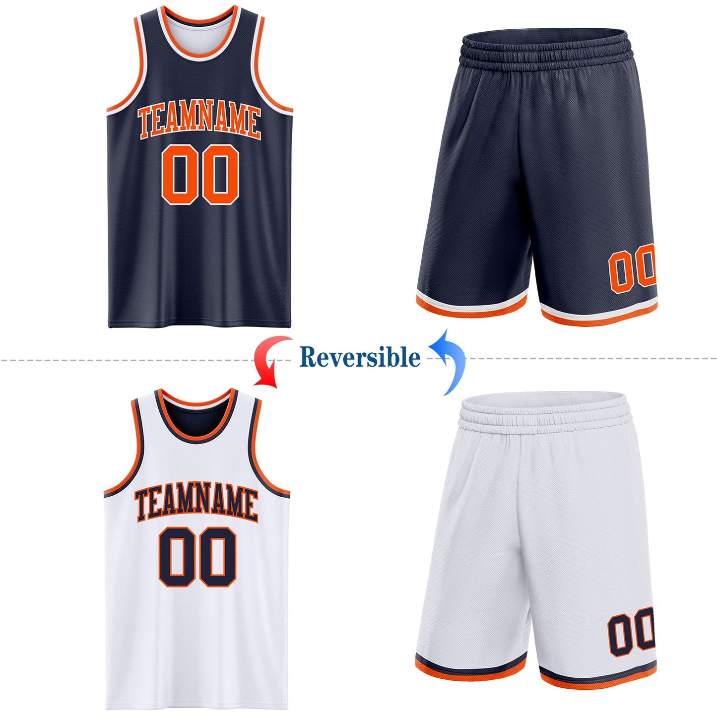 Custom Reversible Navy Orange-White Double Side Sublimation Basketball Set Jersey
