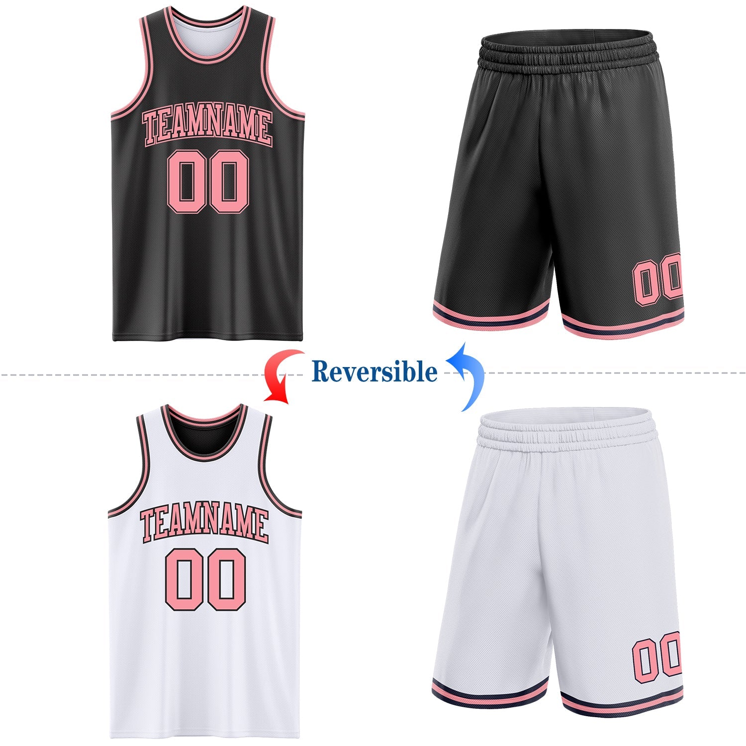 Custom Reversible Black Medium Pink Double Side Sublimation Basketball Set Jersey