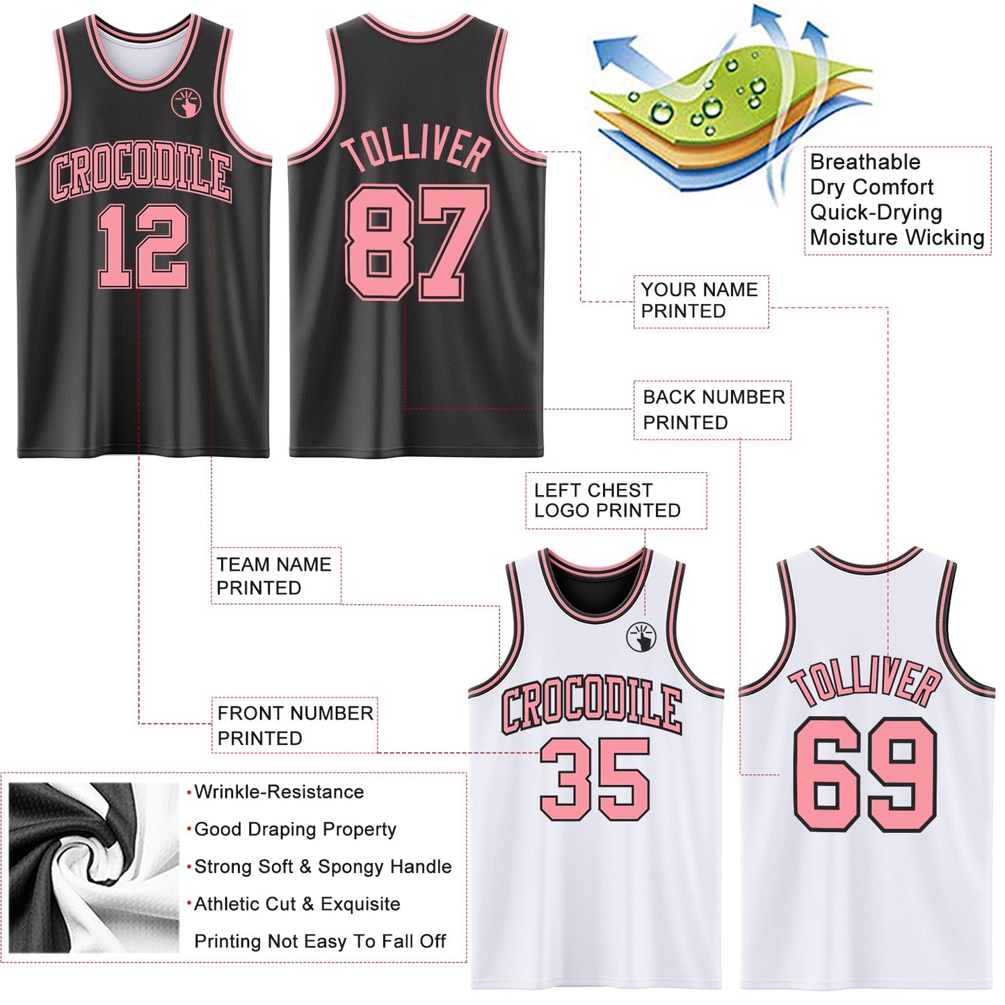 Custom Reversible Black Medium Pink Double Side Sublimation Basketball Set Jersey