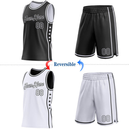 Custom Reversible Black White Double Side Star Sublimation Basketball Set Jersey