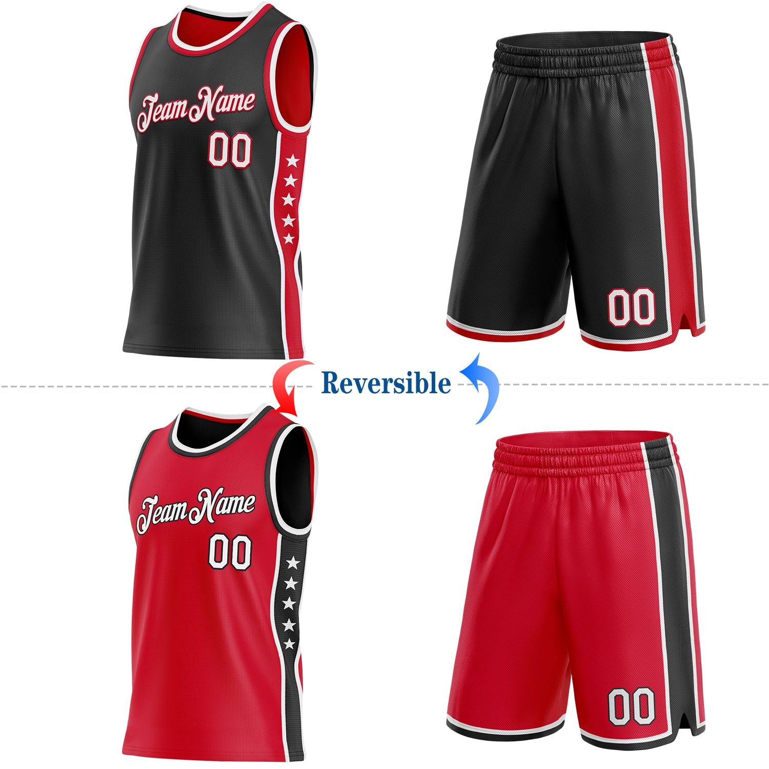 Custom Reversible Black White-Red Double Side Star Sublimation Basketball Set Jersey