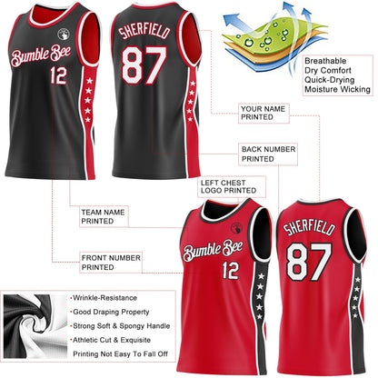Custom Reversible Black White-Red Double Side Star Sublimation Basketball Set Jersey