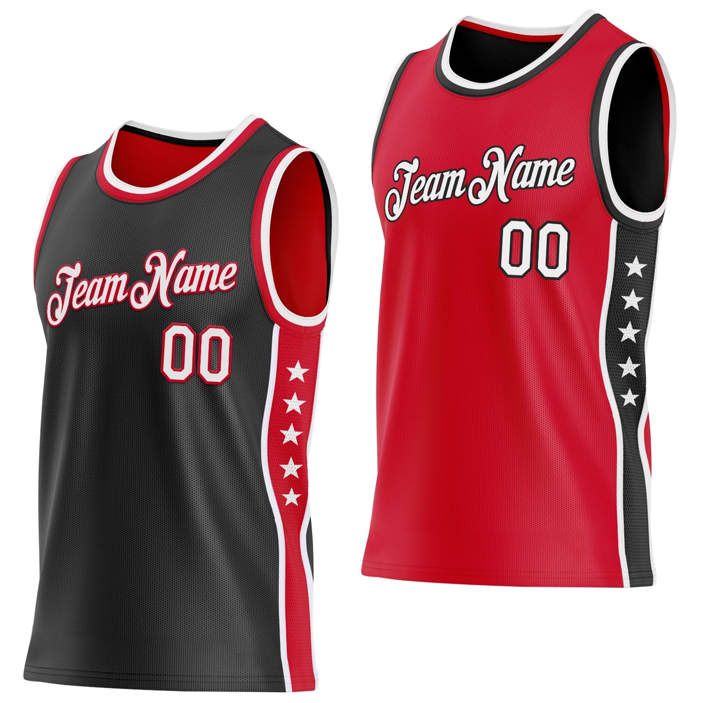 Custom Reversible Black White-Red Double Side Star Sublimation Basketball Set Jersey