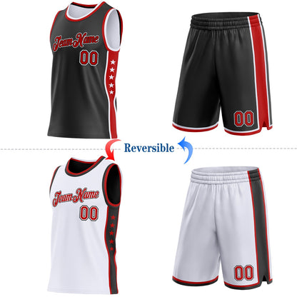 Custom Reversible Black Red-White Double Side Star Sublimation Basketball Set Jersey