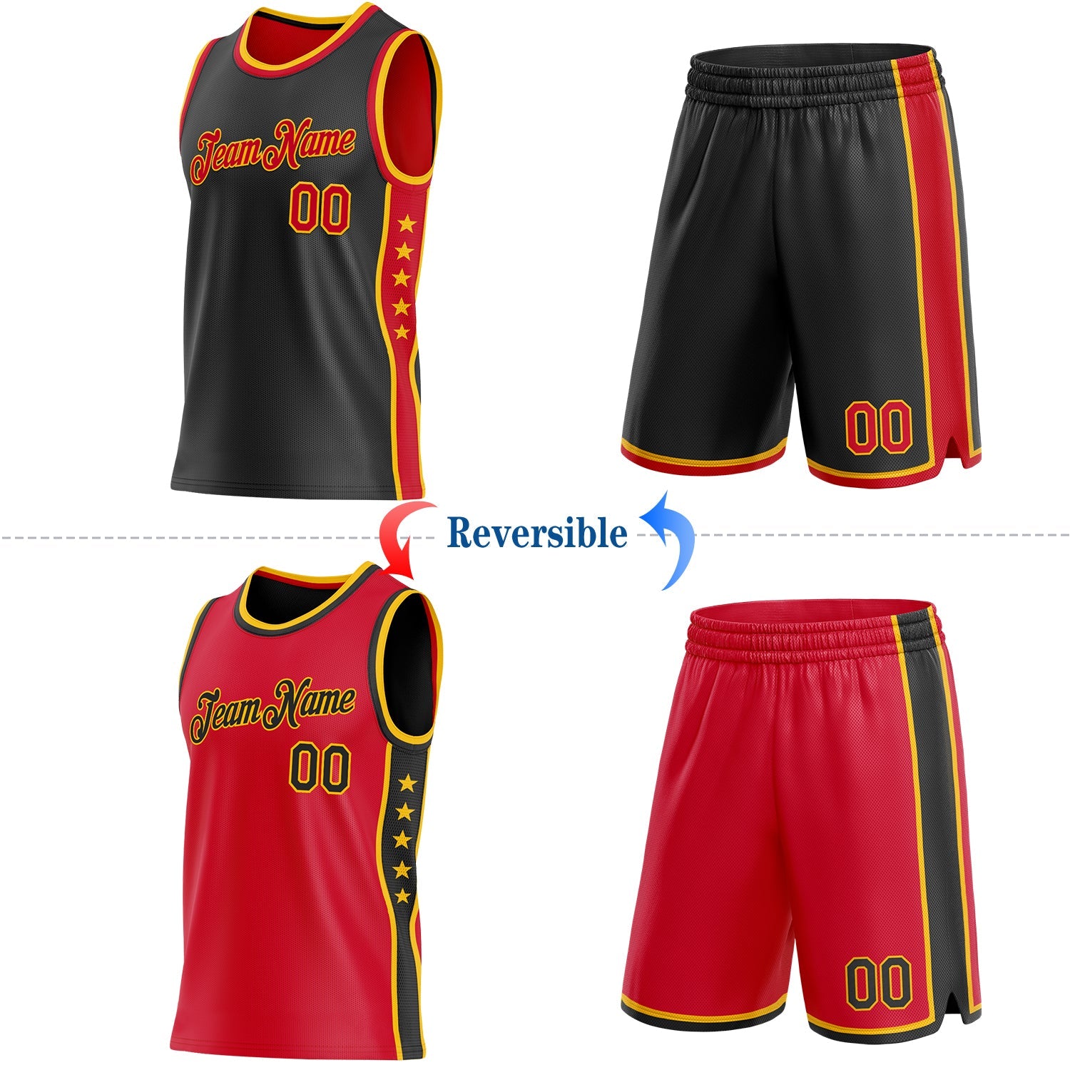 Custom Reversible Black Red-Gold Double Side Star Sublimation Basketball Set Jersey