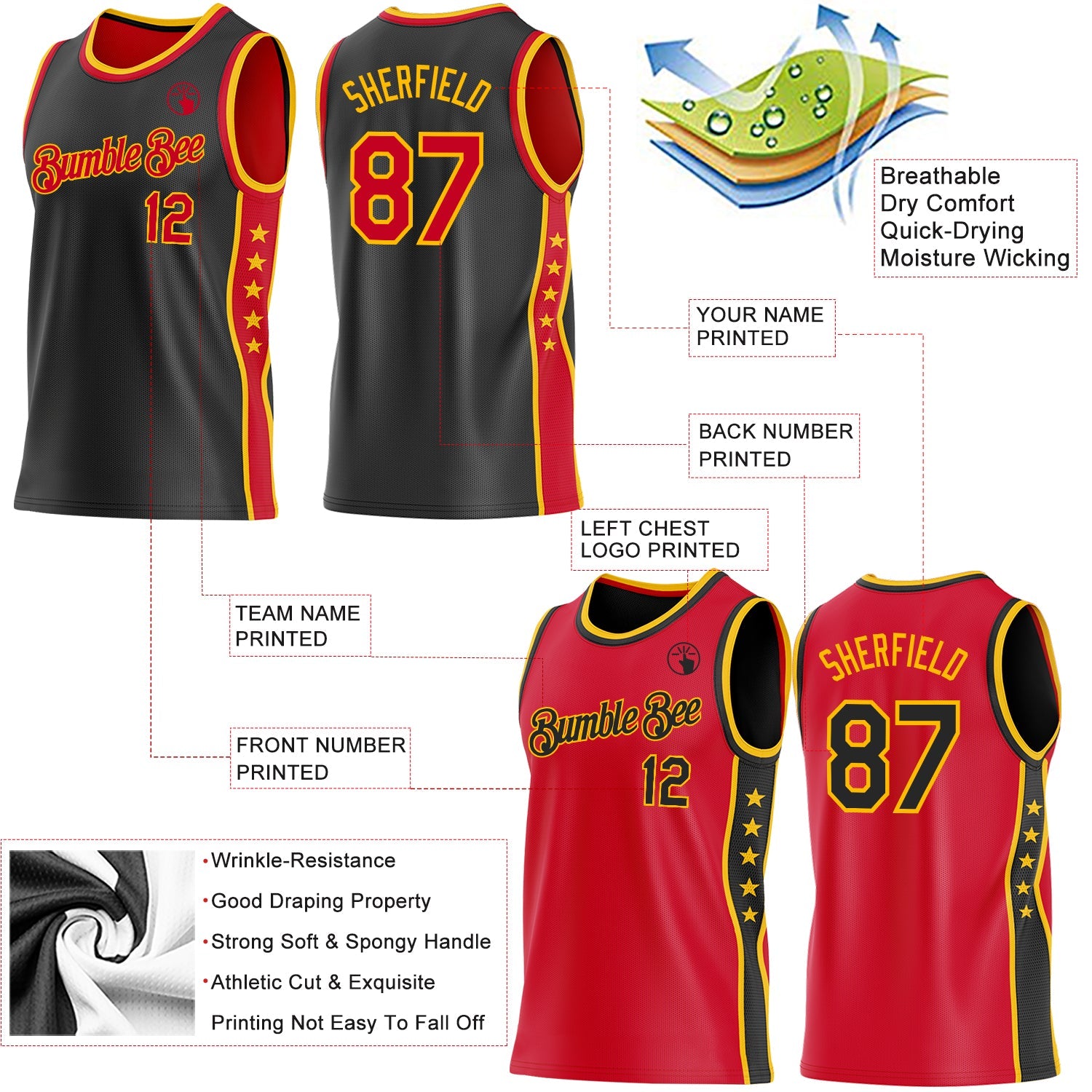 Custom Reversible Black Red-Gold Double Side Star Sublimation Basketball Set Jersey