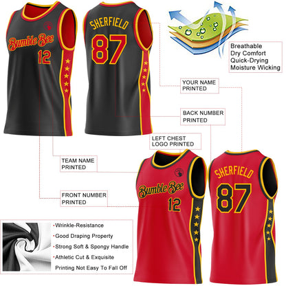 Custom Reversible Black Red-Gold Double Side Star Sublimation Basketball Set Jersey