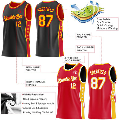Custom Reversible Black Gold-Red Double Side Star Sublimation Basketball Set Jersey