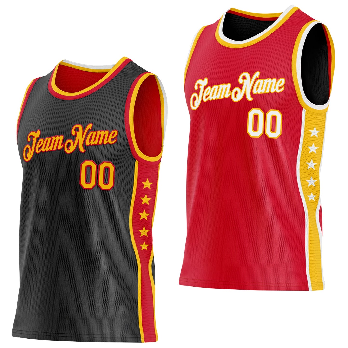Custom Reversible Black Gold-Red Double Side Star Sublimation Basketball Set Jersey