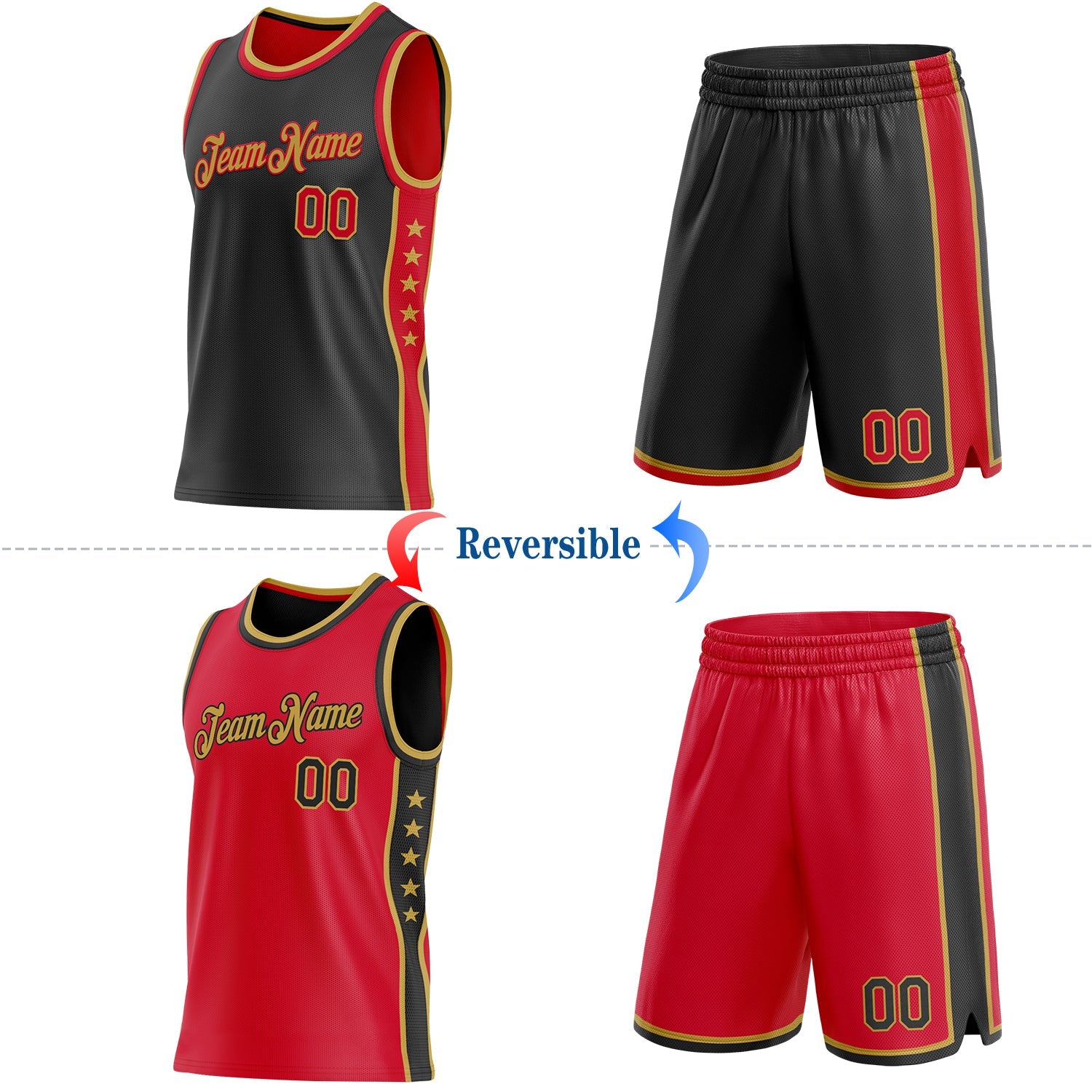 Custom Reversible Black Red-Old Gold Double Side Star Sublimation Basketball Set Jersey