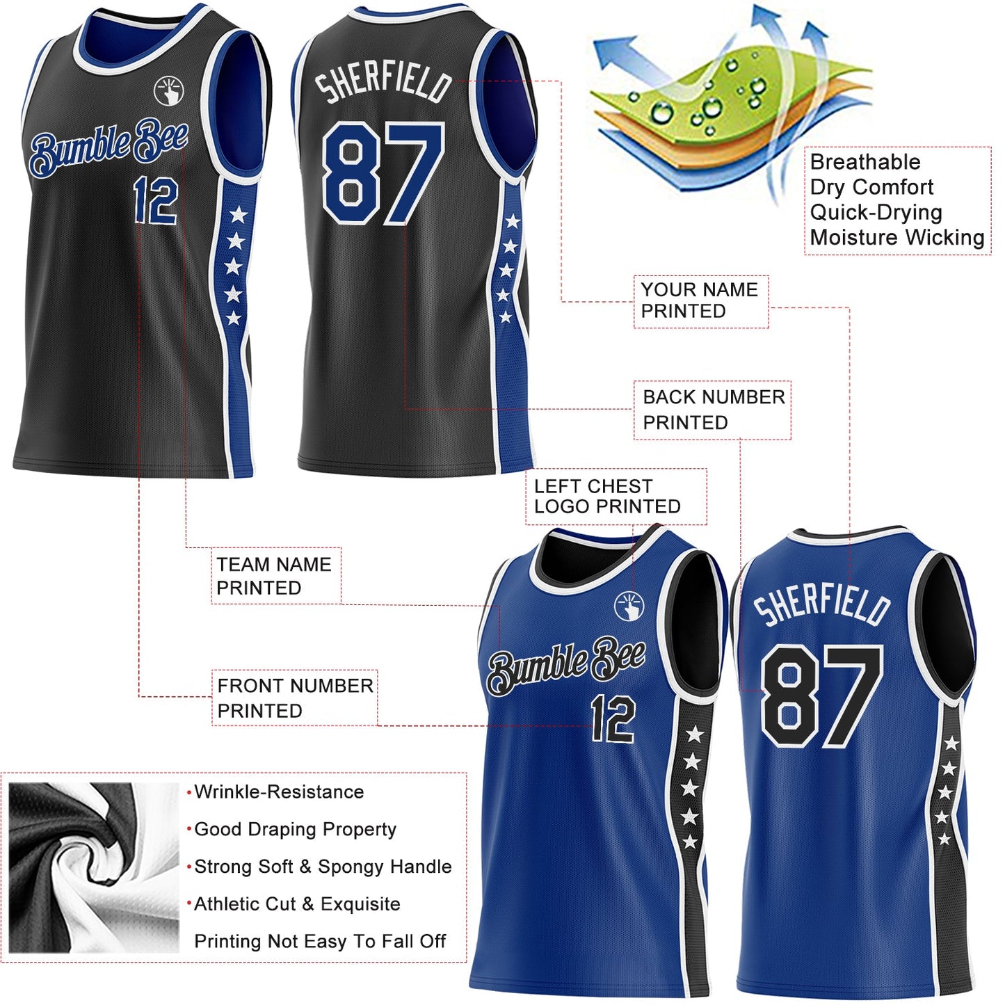 Custom Reversible Black Royal-White Double Side Star Sublimation Basketball Set Jersey