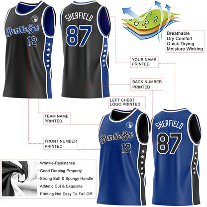 Custom Reversible Black Royal-White Double Side Star Sublimation Basketball Set Jersey