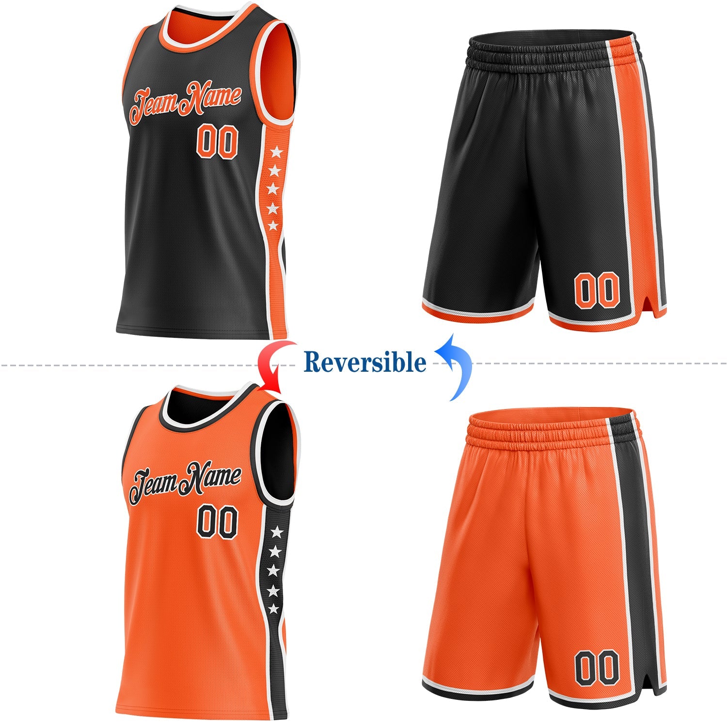 Custom Reversible Black Orange-White Double Side Star Sublimation Basketball Set Jersey