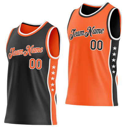 Custom Reversible Black Orange-White Double Side Star Sublimation Basketball Set Jersey