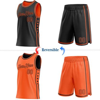 Custom Reversible Black Orange Double Side Star Sublimation Basketball Set Jersey