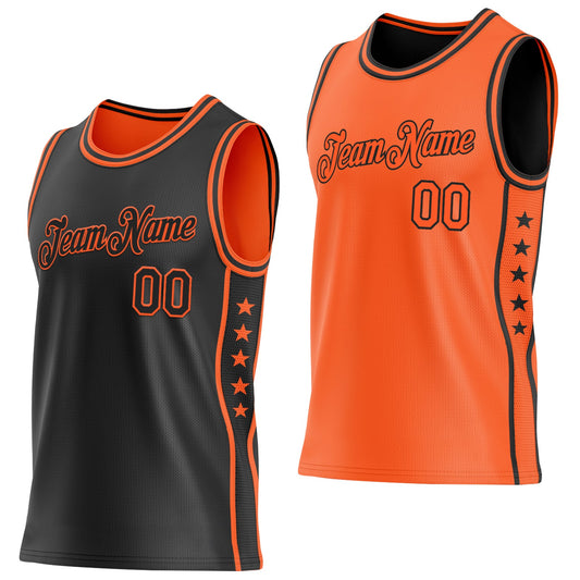Custom Reversible Black Orange Double Side Star Sublimation Basketball Set Jersey
