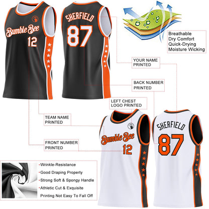 Custom Reversible Black White-Orange Double Side Star Sublimation Basketball Set Jersey
