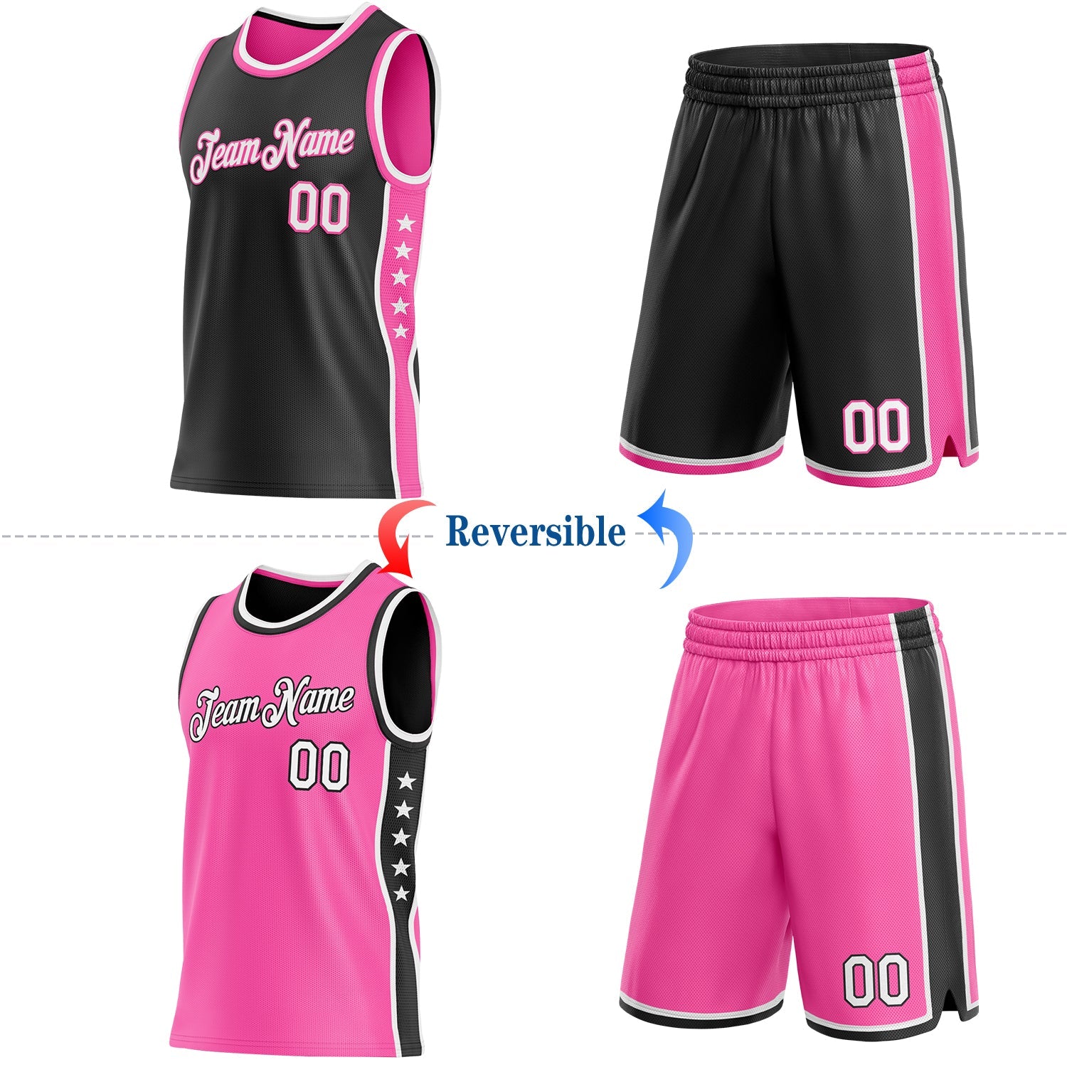 Custom Reversible Black White-Pink Double Side Star Sublimation Basketball Set Jersey