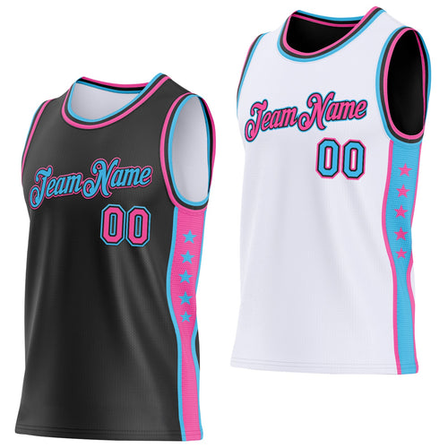 Custom Reversible Black Pink-Sky Blue Double Side Star Sublimation Basketball Set Jersey