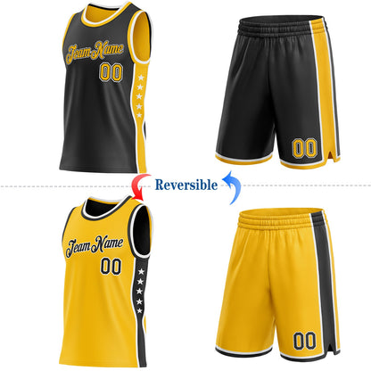 Custom Reversible Black Gold-White Double Side Star Sublimation Basketball Set Jersey