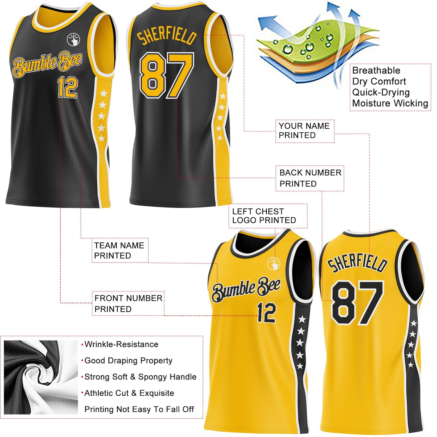 Custom Reversible Black Gold-White Double Side Star Sublimation Basketball Set Jersey