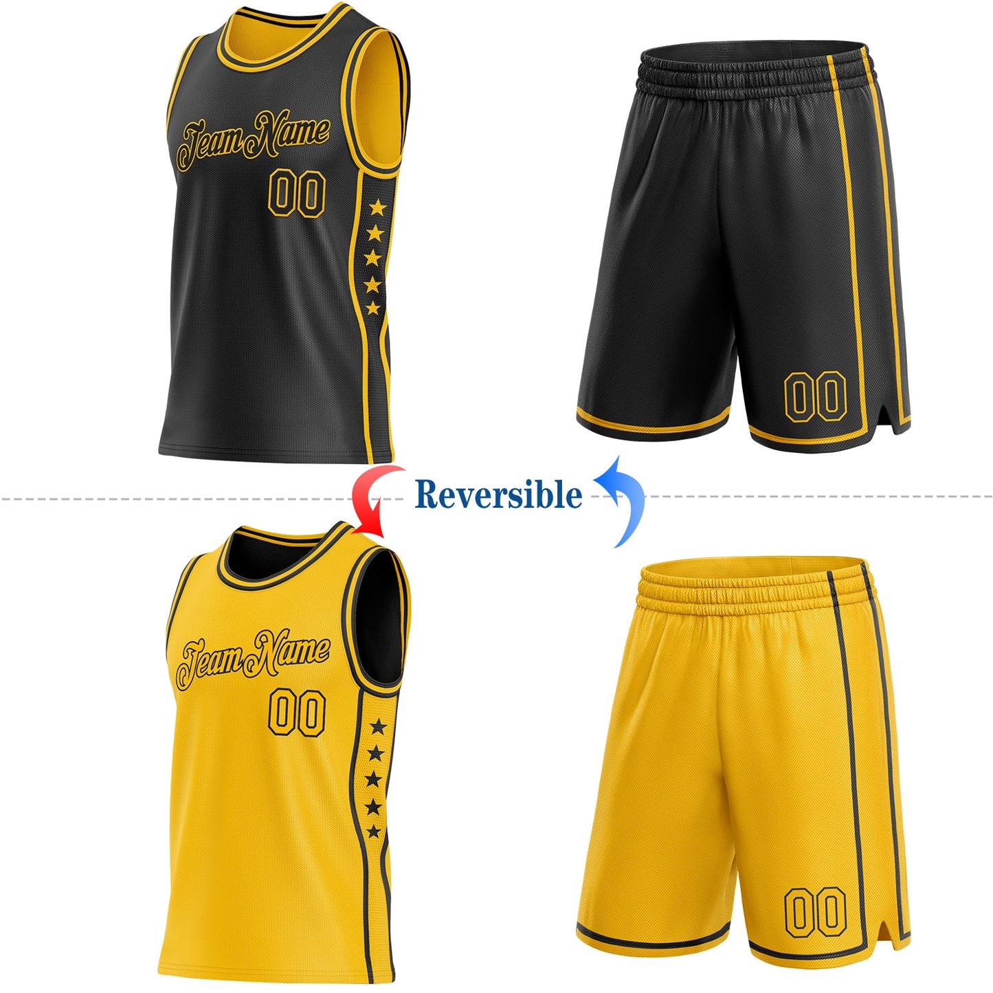 Custom Reversible Black Gold Double Side Star Sublimation Basketball Set Jersey