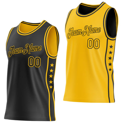 Custom Reversible Black Gold Double Side Star Sublimation Basketball Set Jersey