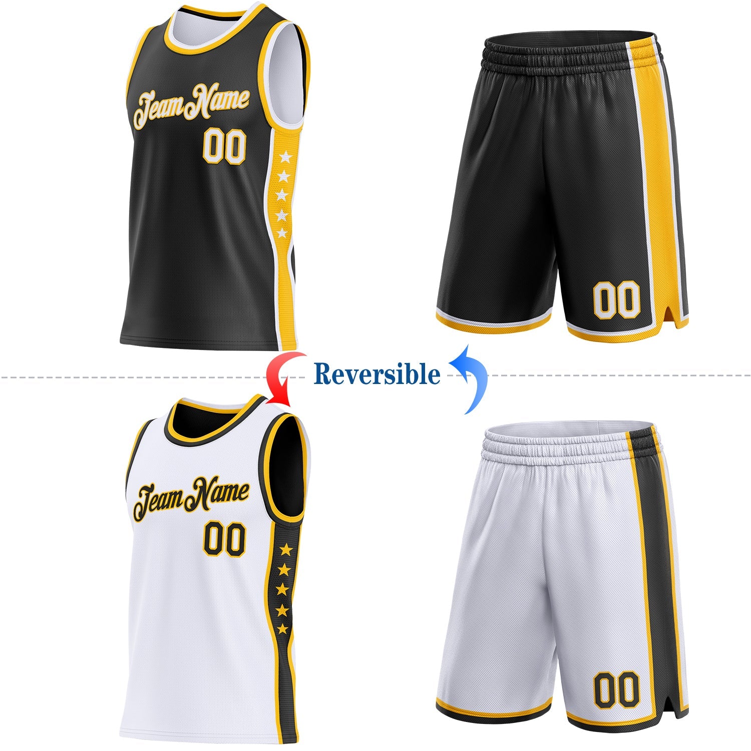 Custom Reversible Black White-Gold Double Side Star Sublimation Basketball Set Jersey