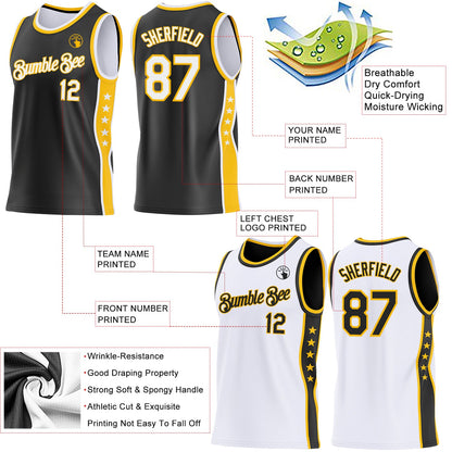 Custom Reversible Black White-Gold Double Side Star Sublimation Basketball Set Jersey