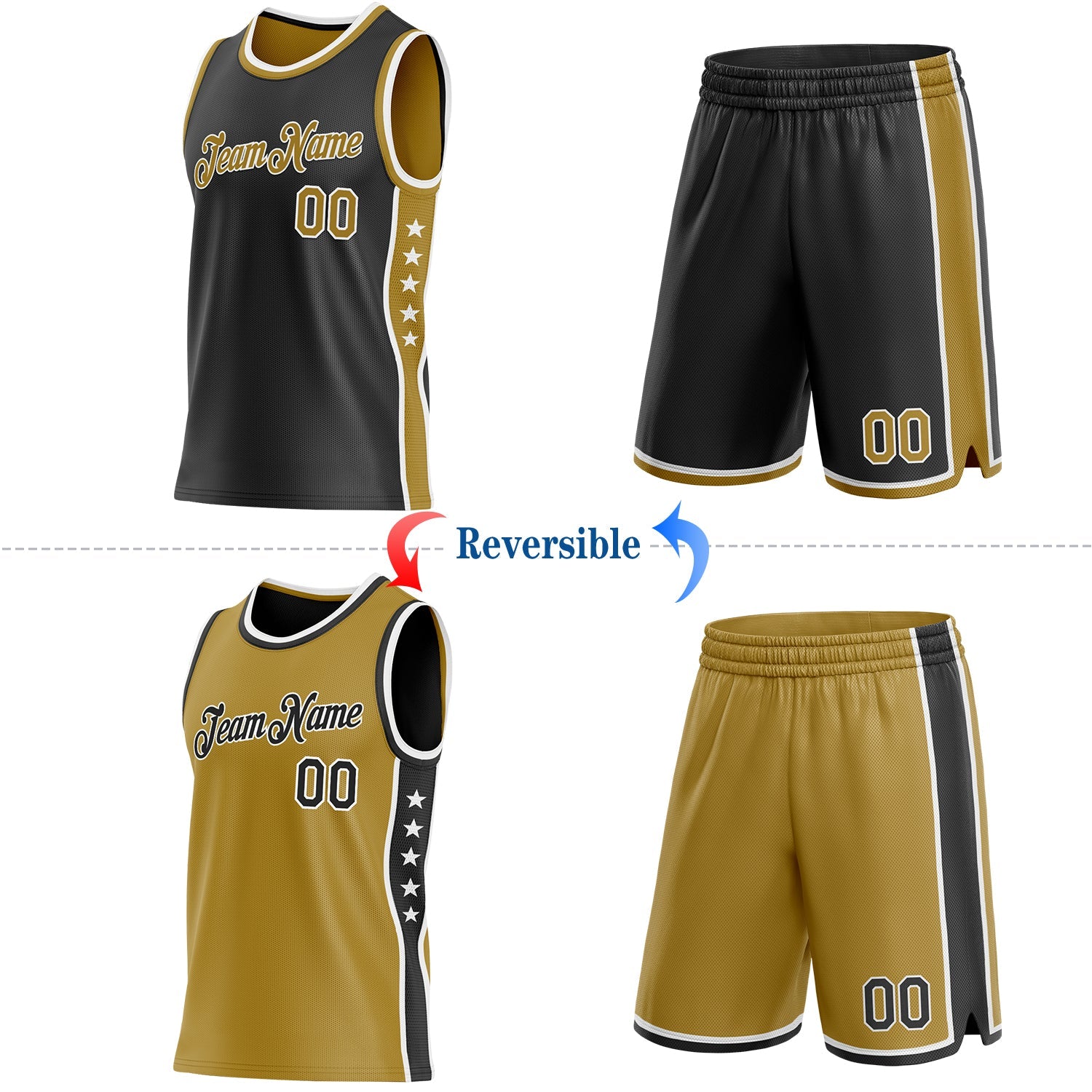 Custom Reversible Black Old Gold-White Double Side Star Sublimation Basketball Set Jersey