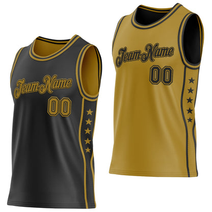 Custom Reversible Black Old Gold Double Side Star Sublimation Basketball Set Jersey