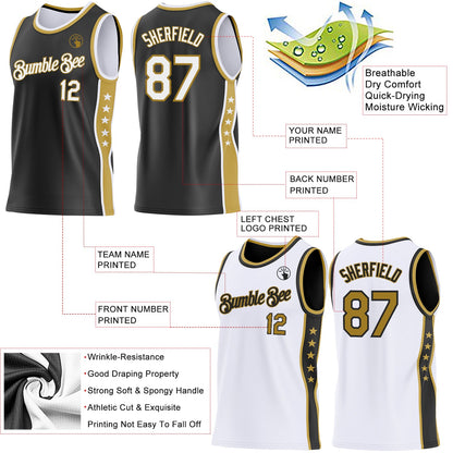 Custom Reversible Black White-Old Gold Double Side Star Sublimation Basketball Set Jersey
