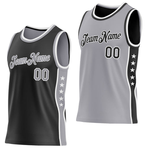 Custom Reversible Black Gray-White Double Side Star Sublimation Basketball Set Jersey