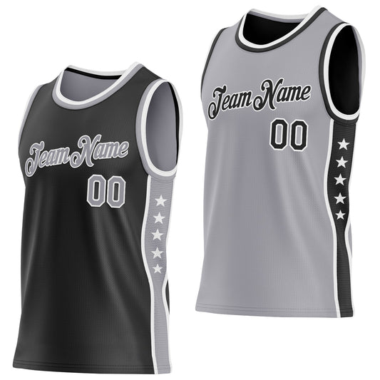 Custom Reversible Black Gray-White Double Side Star Sublimation Basketball Set Jersey