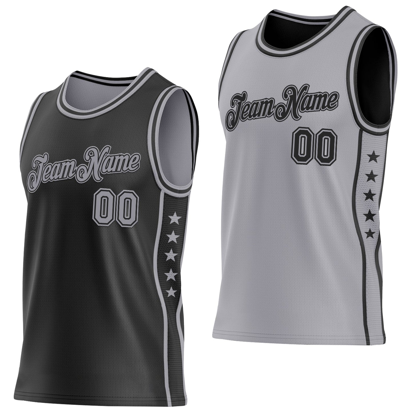 Custom Reversible Black Gray Double Side Star Sublimation Basketball Set Jersey
