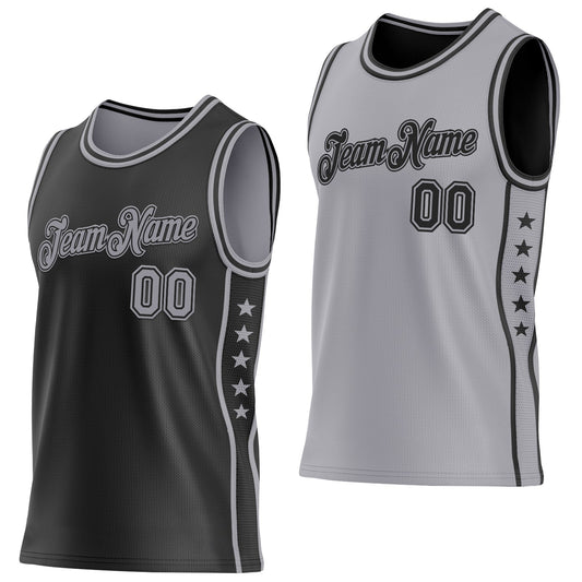 Custom Reversible Black Gray Double Side Star Sublimation Basketball Set Jersey