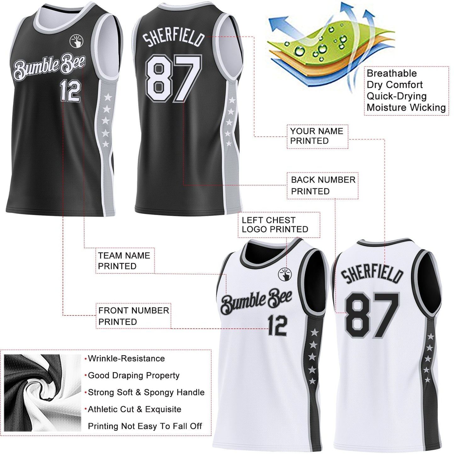 Custom Reversible Black White-Gray Double Side Star Sublimation Basketball Set Jersey