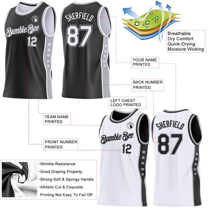 Custom Reversible Black White-Gray Double Side Star Sublimation Basketball Set Jersey